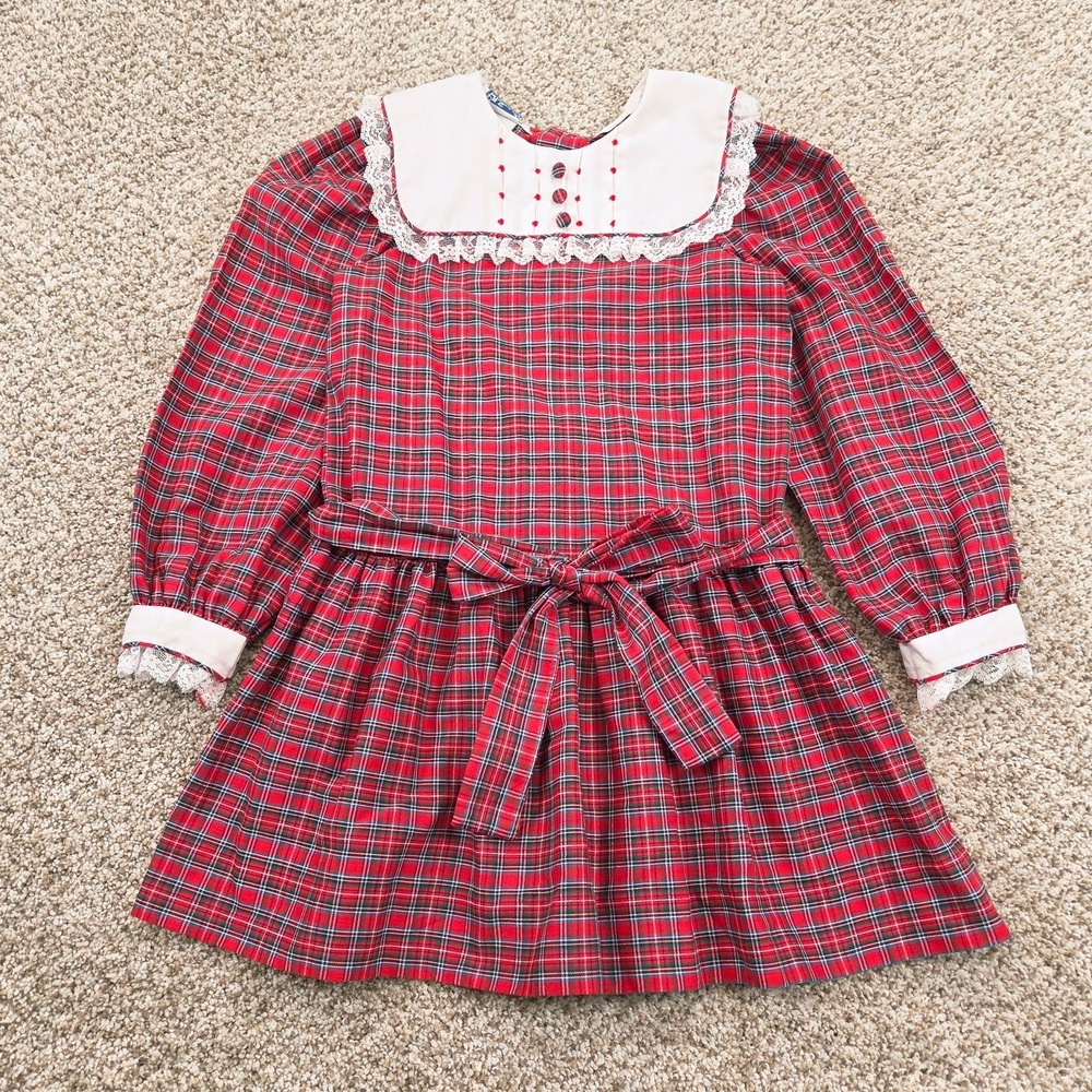 Girl's Vintage Polly Flinders Red Tartan Plaid Drop Waist Dress Size 6 Pleated